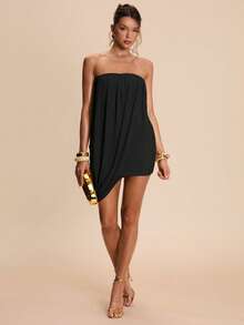 SHEIN BAE Robe mini enveloppante froncée sans manches nude, élégante pour les vacances, les fêtes, la plage, les banquets, le printemps/l'été - Noir - Voir 3