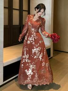 DAZY 女士优雅亮片印花立领花瓣袖连衣裙，春夏婚礼宾客礼服/吊带裙 - 亮橙色 - 查看 4