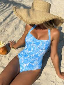 Swim Lushoire White And Blue Floral Summer Boho Pool Party Holiday One-Piece Swimsuit For Women, Elegant Front Crossover Ruched Beach Vacation Ocean Blue - Multicolor - View 1