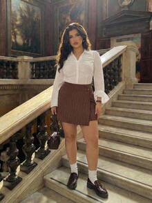 SHEIN MOD 大码女式条纹休闲百搭通勤迷你裙 - 棕色 - 查看 8