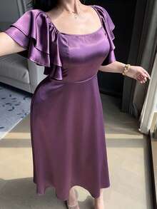 Dazy Plus 大码女式纯色褶皱腰身优雅荷叶袖鸡尾酒会连衣裙夏季 - 紫羅蘭色 - 查看 4