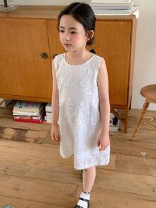 DAZY 少女优雅花卉刺绣无袖连衣裙，夏季 - 白色 - 查看 2