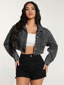 SHEIN PETITE Women's Long Sleeve Single-Breasted Casual Pocket Denim Jacket - Light Grey - View 1