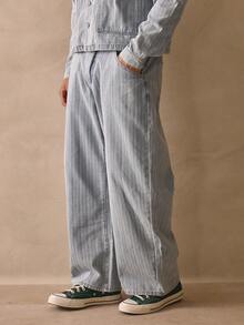 Musero Oversized Stripe Style Jeans Button Fastening Belt Loops Denim Trouser Pants Spring Summer Essentials - Apricot - View 4