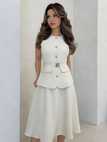 Jemour SOLID A LINE BELTED DRESS, WOMEN OUTFIT - Apricot - View 4