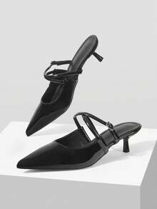 Mnmlis Slip-On Pointed Toe Thin Heeled Mule Shoes, Versatile Slouchy Wear For Women - Black - View 6