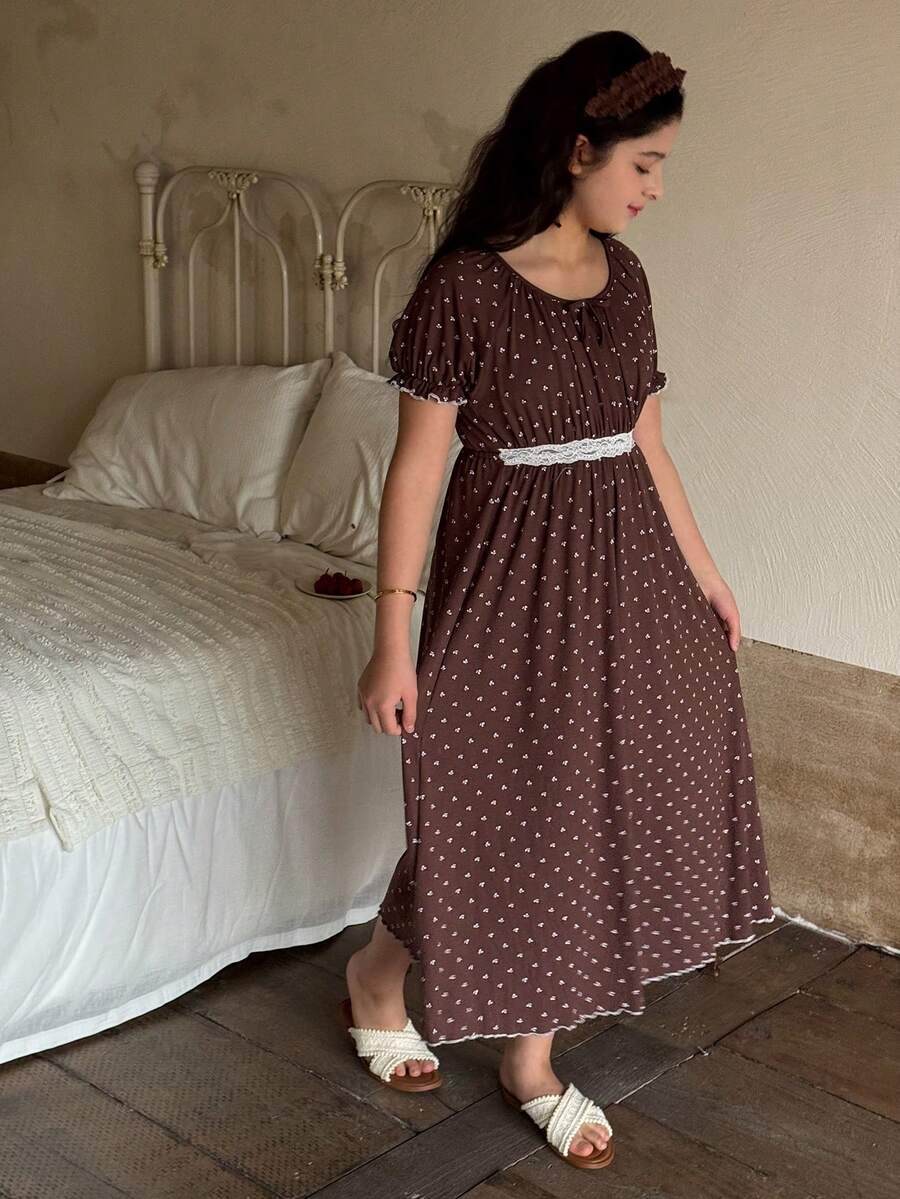 Dazy Kids 少女圆领花卉蕾丝荷叶边休闲家居睡裙 - 棕色 - 查看 1