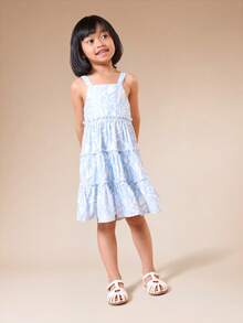 SUMWON 女童浅蓝色层叠荷叶边连衣裙，圆领设计，饰有抽象印花，夏季无袖A字迷你连衣裙 - 藍色 - 查看 4