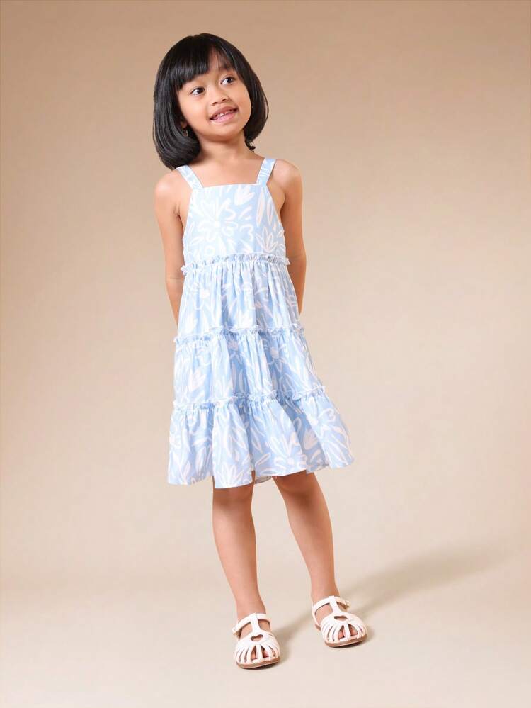 Girls Light Blue Tiered Ruffle Dress With Scoop Neckline And All Over Abstract Print Summer Sleeveless A Line Mini Dress