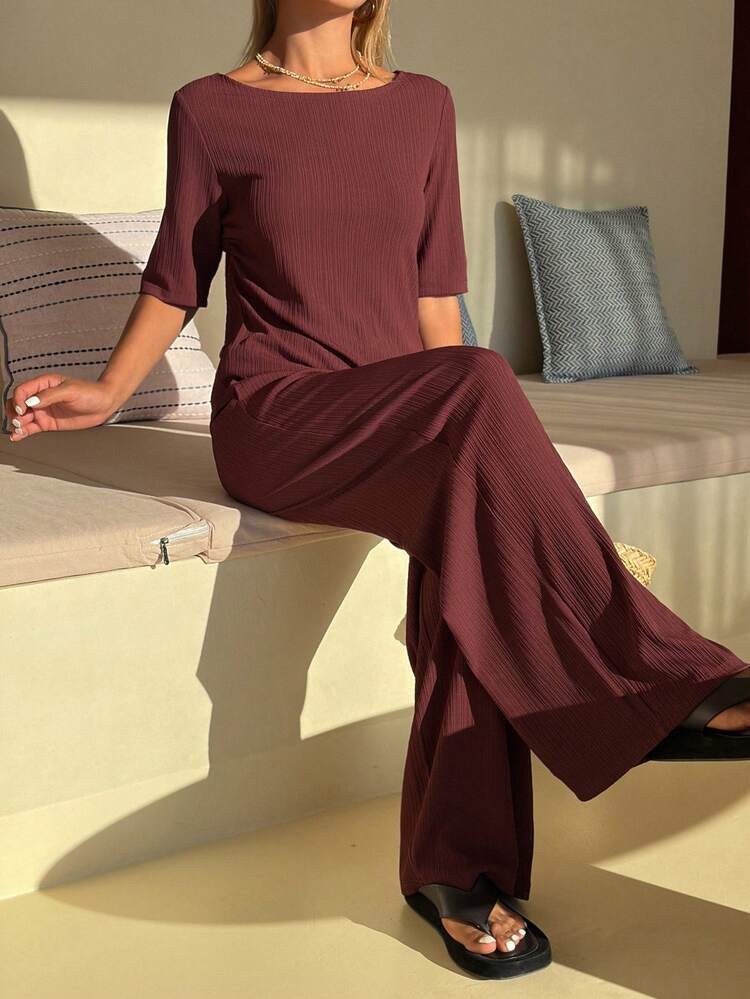 Women's Casual Solid Color T-Shirt And Wide Leg Pants 2 Pieces Set, Summer