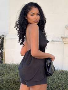 Alexandranx 女式简约通勤垂坠领别致圆领紧身背心 - 黑色 - 查看 5