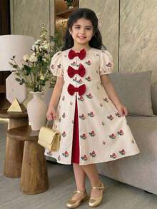 SHEIN LMoss Kids Young Girl Ditsy Floral Elegant Puff Sleeve Dress,Kids - Black and White - View 7