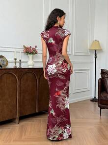 EastFlair Đầm nữ thanh lịch tay cài cúc ôm dáng họa tiết hoa và rồng, đầm màu rượu vang, đầm in hoa. - Màu Đỏ Sâu - Xem 5