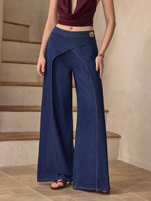 Selenza 女士宽松直筒交叉设计阔腿牛仔裤 - 深色水洗藍 - 查看 4