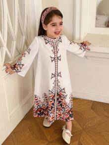 Dazy Kids Young Girl Floral Print Casual Long Sleeve Dress For Party & Outing - White - View 4