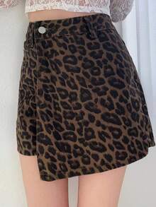 FRIFUL 女士休闲豹纹裹身牛仔短裤，夏季 - 棕色 - 查看 3