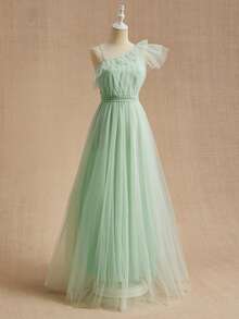 优雅飘逸的单肩荷叶边领口荷叶边袖子收腰连衣裙，纯色，适合婚礼、正式场合、派对、演出、生日等各种场合，四季皆宜。优雅绿色连衣裙，少女浅绿色连衣裙，少女荷叶边袖连衣裙，浅绿色伴娘礼服，单肩连衣裙，伴娘礼服，夏季优雅女士连衣裙，女士春季连衣裙 - 綠色 - 查看 5