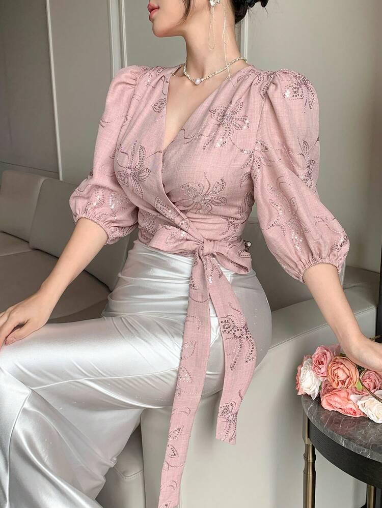 Women's V-Neck Criss-Cross Knot Design Sequin Floral Embroidery Casual Versatile Daily Wear Blouse Summer