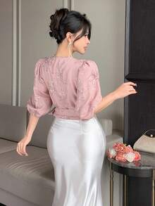 DAZY Women's V-Neck Criss-Cross Knot Design Sequin Floral Embroidery Casual Versatile Daily Wear Blouse - Pink - View 5