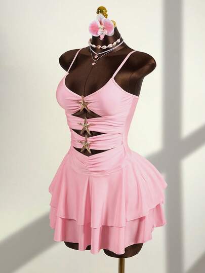 Zestiva Vestito casual da spiaggia estivo da donna, vestito rosa tinta unita, costume da bagno con spalline regolabili e decorazione a stella marina in metallo, set bikini