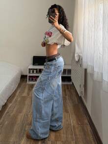 StreetHx 女士口袋纽扣交叉图案休闲百搭日常穿着阔腿牛仔裤 - 藍色 - 查看 7