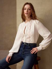 MOTF PREMIUM BLUSA DE MANGA LARGA CON BORDADO FLORAL ELEGANTE Y CASUAL PARA MUJER - Blanco - Ver 7