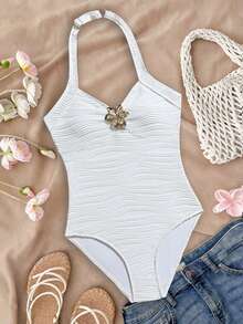 SHEIN 少女连体泳衣，白色波浪花纹面料，金属花朵装饰，沙滩度假 - 白色 - 查看 4