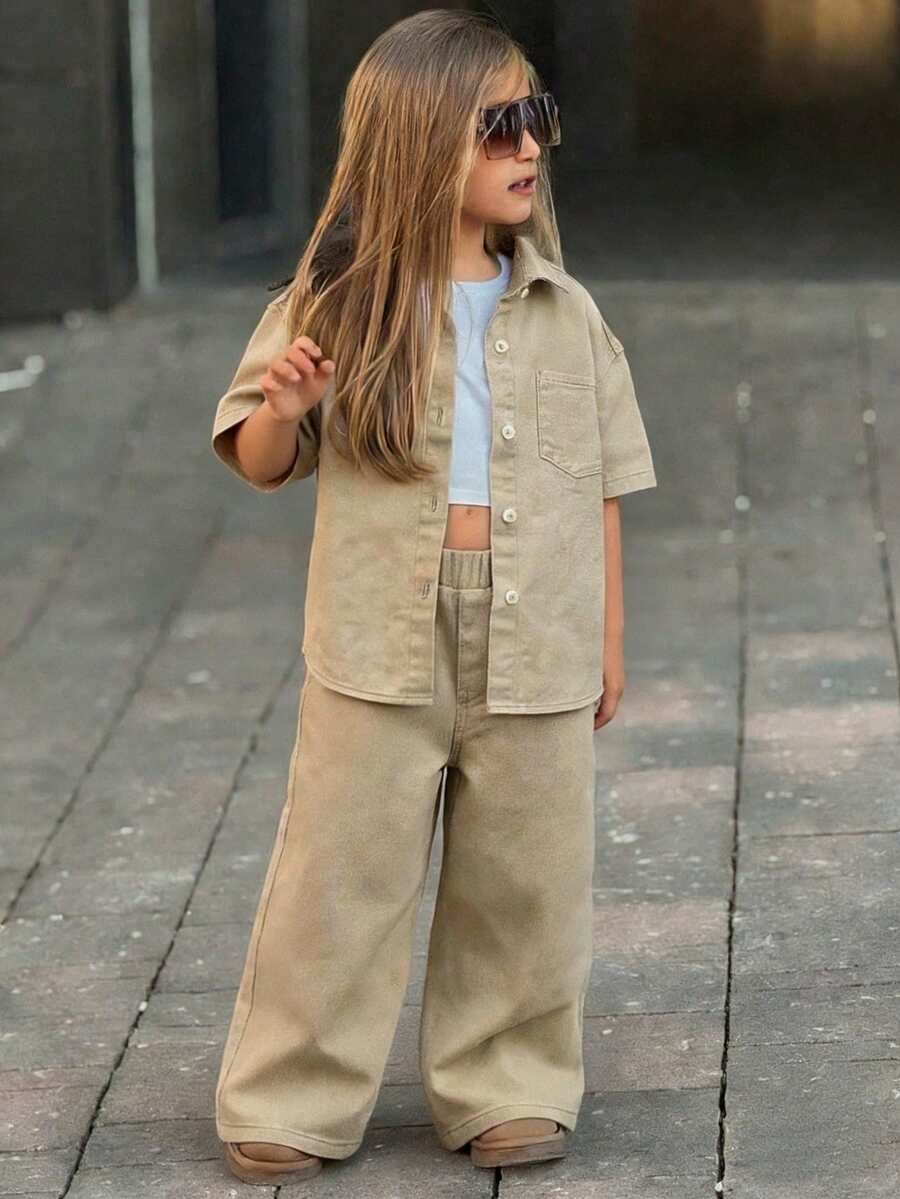 Dazy Kids 年轻女孩休闲日常通勤时尚街头风简约纯色落肩宽松牛仔衬衫搭配阔腿牛仔裤套装，秋/春季 - 卡其色 - 查看 1