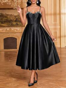 SHEIN Lady 女士优雅派对珍珠水钻装饰吊带中长连衣裙 - 黑色 - 查看 6