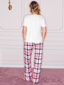 可爱舒适的樱桃粉色上衣和格子裤女士睡衣套装 - 粉色 - 查看 2