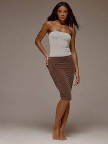 MUSERA ESSENTIALS Fitted Elasticated Waist Soft Touch Midi Skirt Spring Summer Holiday Everyday Cute Daily Basics Essential - Coffee Brown - View 1