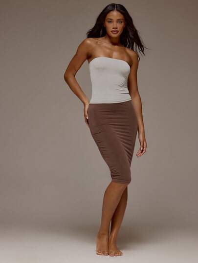 MUSERA ESSENTIALS Fitted Elasticated Waist Soft Touch Midi Skirt Spring Summer Holiday Everyday Cute Daily Basics Essential