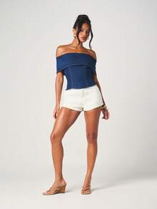 MISSGUIDED Áo croptop denim co giãn trễ vai dành cho nữ, có chi tiết gập vạt, màu xanh denim trung bình, kiểu dáng thời trang mùa thu, thích hợp mặc thường ngày. - Màu xanh lam - Xem 3