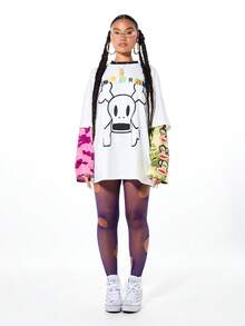 SUMWON X PAUL FRANK SUMWON WOMEN 女士长袖撞色印花图案T恤，迷彩人物袖子，宽松版型，圆领，秋冬休闲上衣 - 白色 - 查看 4