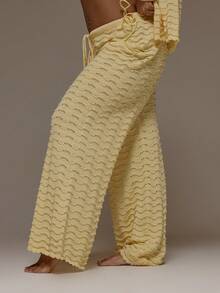 MUSERA Plus Size Tie Waist Crochet Knit Patterned Wide Leg Pants Trousers Spring Summer Vacation Beach Holiday Cover Up Cute Winter - Yellow - View 3