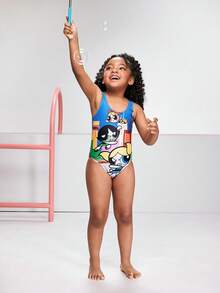 THE POWERPUFF GIRLS X SHEIN Young Girl Cartoon Print One-Piece Swimsuit For Beach Vacation - Multicolor - View 4