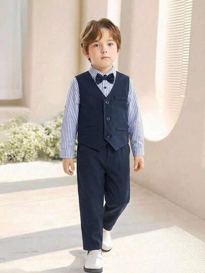 SHEIN Conjunto de 5 piezas de ropa elegante de caballero para niños pequeños, que incluye camisa de color sólido y a rayas, chaleco, pajarita, tirantes y pantalones, adecuado para usar en casa, al aire libre, deportes, escuela, fiestas, vacaciones y campus