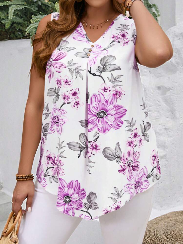 EMERY ROSE Plus Size Women'S Print V-Neck Tank Floral Top For Spring - Purple - View 6