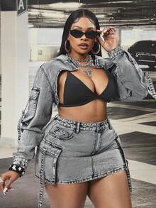 Slaydiva Sexy Vintage Washed Denim Long Sleeve Jacket - Grey - View 1