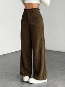 SHEIN Tween Girl Solid Color Retro Minimalist Corduroy Ribbed Pants, Khaki Wide Leg Trousers, Autumn/Winter Pants - Cocoa - View 6