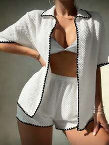 Swim Basics Women's All White Summer Casual Beach Party Vacation Holiday Outfit,Dotted Texture Mid-Sleeve Open Front Shirt & Shorts 2-Piece Set With Jagged Edge - White - View 4