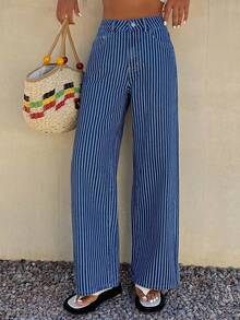 DAZY 休闲水洗条纹阔腿女式牛仔裤 - 中等水洗藍 - 查看 4