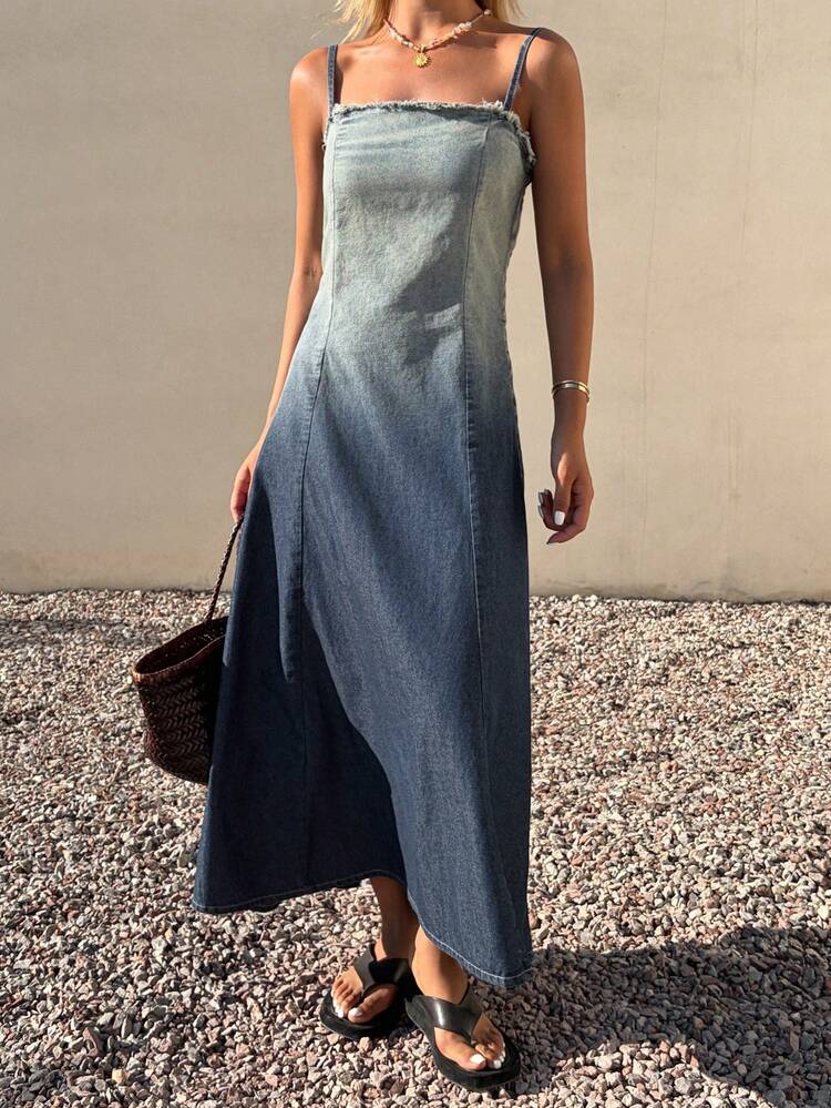 Women's Casual Washed Ombre Frayed Hem Denim Slip Dress, Summer