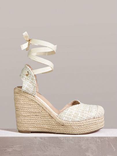 Styleloop Apricot Hollow Lace-Up Straw Woven Platform Sandals, Thick Sole Lightweight Elevated Party Shoes, Bohemian Style Vacation Shoes For Women Holiday Travel Essential Boho Cowgirl Outfit Coachella