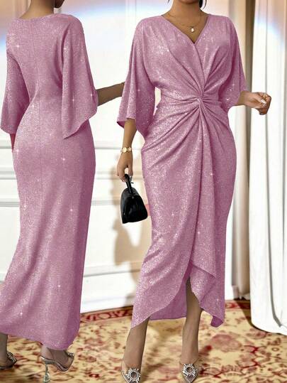 SHEIN Lady Vestido elegante con cuello en V, mangas de murciélago 3/4 y diseño de torsión en la cintura con brillo para mujer de talla grande