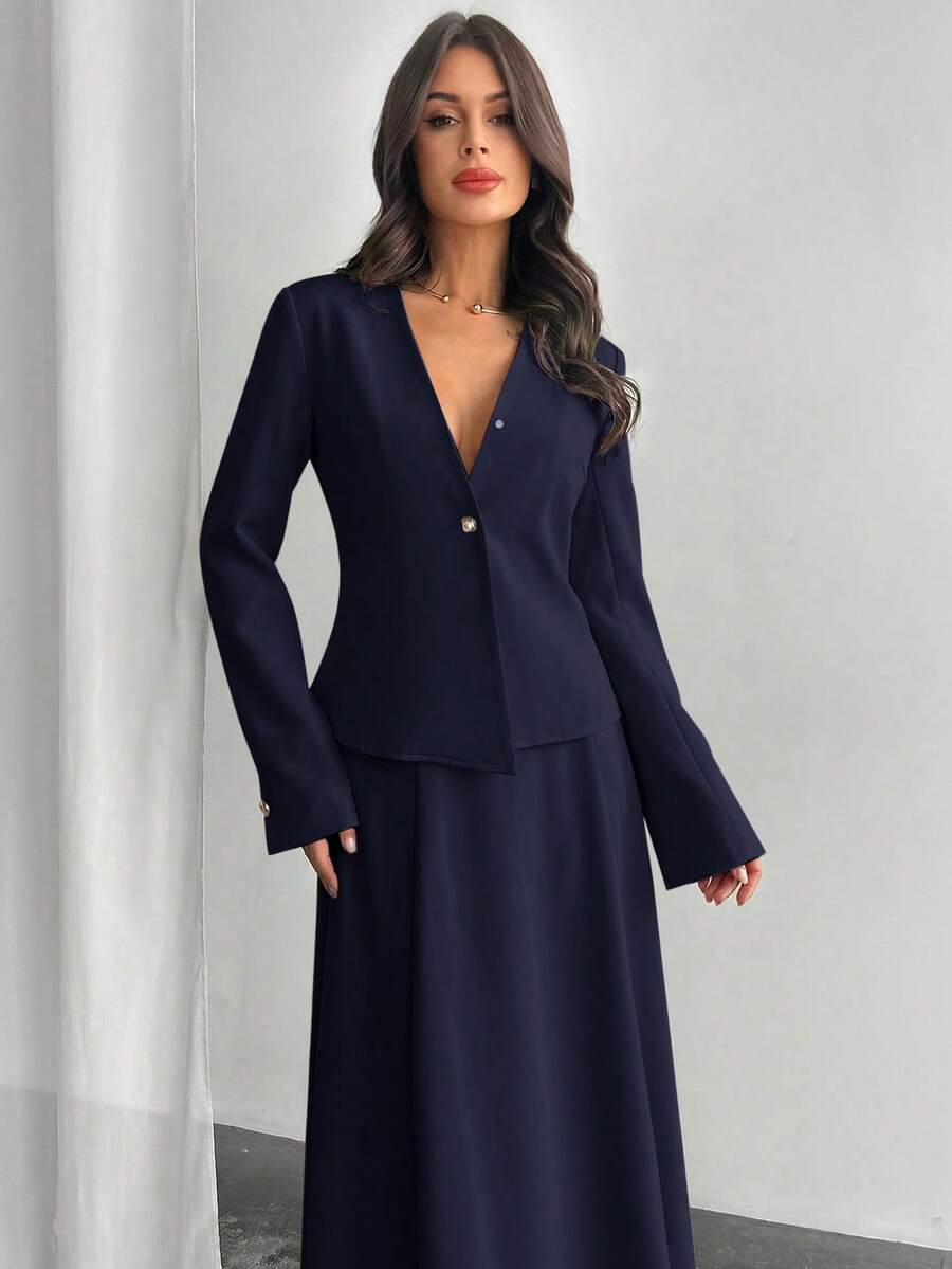 Firerie Women's Solid Color Long Sleeve Single-Breasted Jacket And Midi Skirt Elegant Suit Blazer Skirt Set - Navy Blue - View 1
