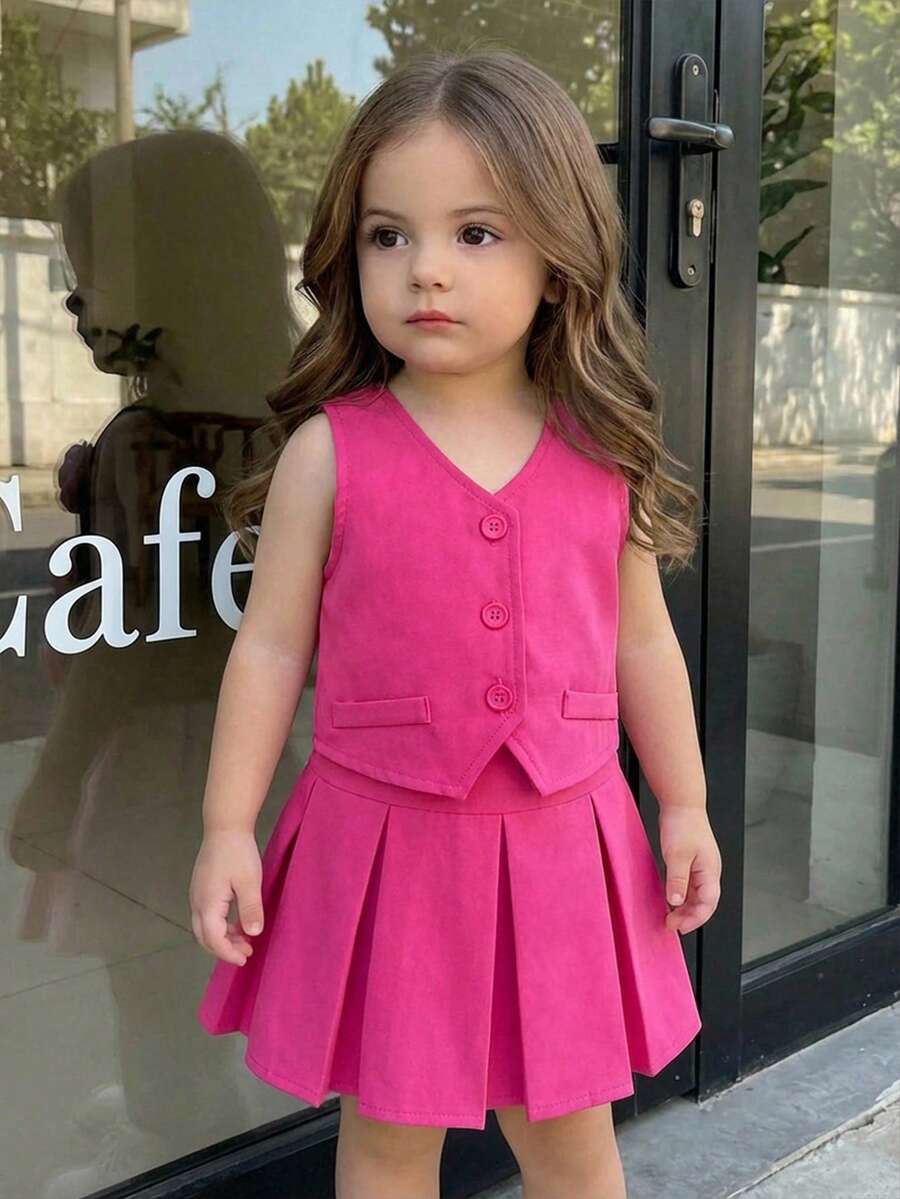 SHEIN Babygirl Cute School Style Pink Camisole & Pleated Skirt Set - Hot Pink - View 1