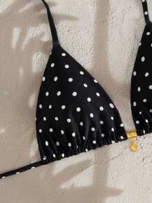 Swim Mod Random Gold Shell Print Halter Neck Triangle Cup Sexy Swimwear Top For Summer Vacation - Black and White - View 4