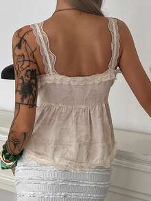 DAZY Women's Floral Contrast Lace Trim Camisole, Elegant Waist Cinched Vacation Summer Top - Apricot - View 2