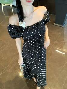 DAZY 女士休闲波点印花连衣裙，适合度假 - 黑色 - 查看 7